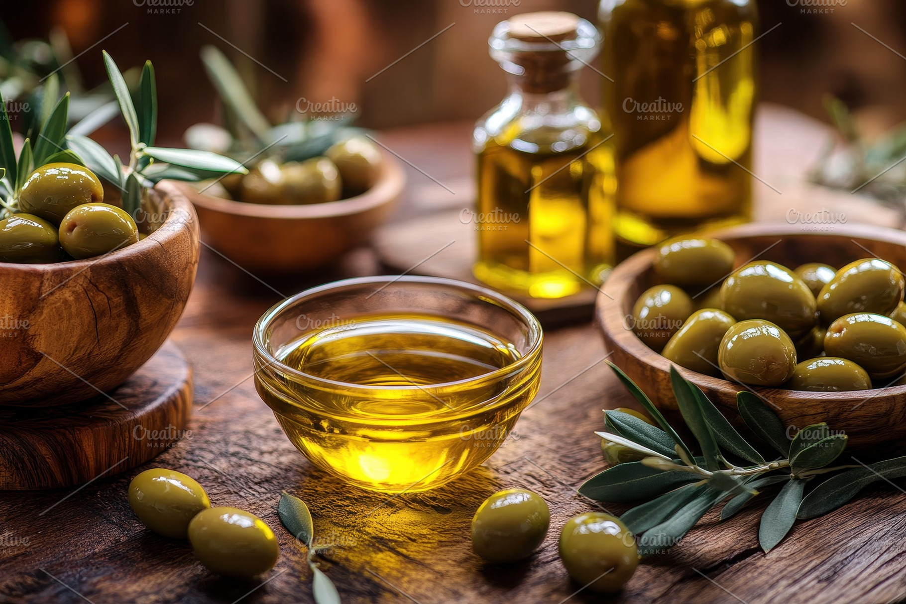 Golden olive oil bottles and bowls, a Photo by Pavel_design