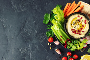 Fresh Hummus Platter with Vegetables and Pita on Dark Background, a Food & Drink Photo by Natalia Klenova's Shop