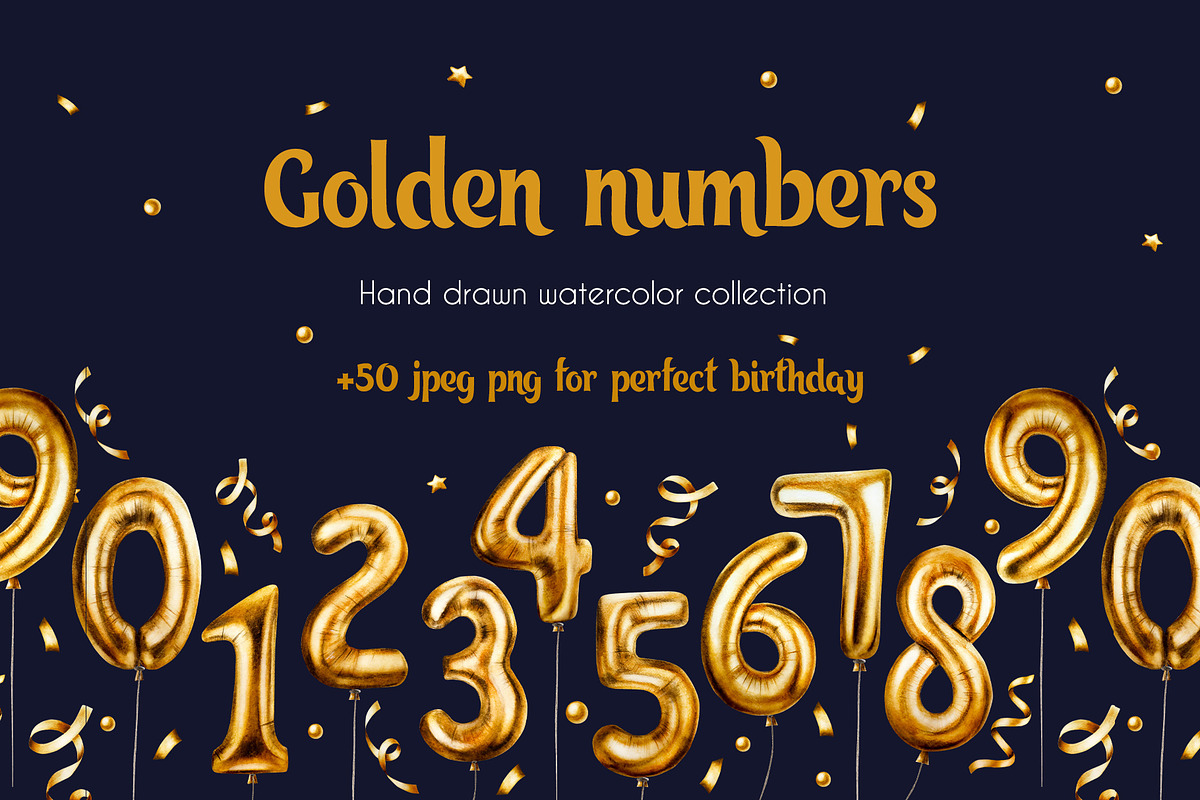 Golden birthday numbers watercolor, a Decorative Illustration by Navenzeles (Photo 1 of 6)