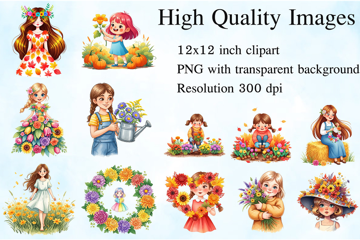 Girls with Fall Flowers Clipart, an Illustration by Craft Nest (Photo 2 of 6)
