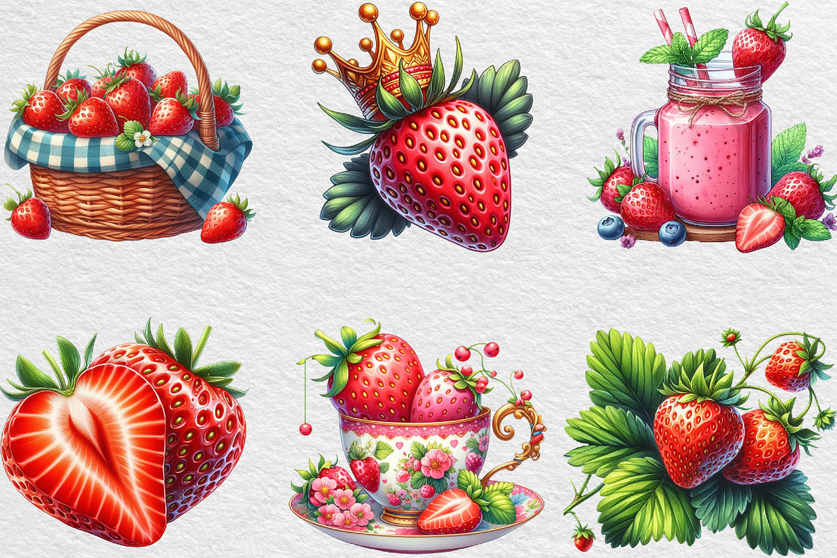 Watercolor Strawberry Clipart PNG, an Illustration by Black Bird Studio (Photo 6 of 6)