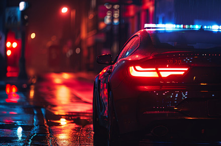 A police car sits quietly in a wet u, a Photo by Tanuart