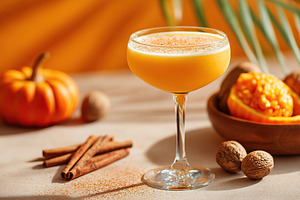Fall-inspired cocktail with pumpkin and spices on a rustic table, a Food & Drink Photo by AlyaAnd