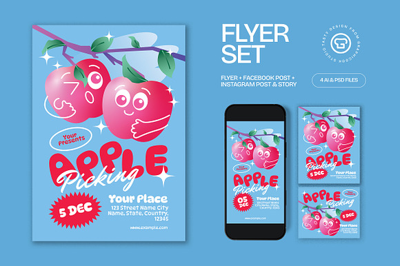 Blue Quirky Apple Picking Flyer Set preview 4