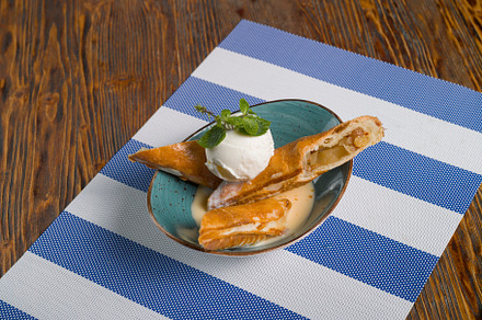 Sweet dessert apple strudel with ic containing dessert, strudel, and sweet, a Food & Drink Photo by oleghz