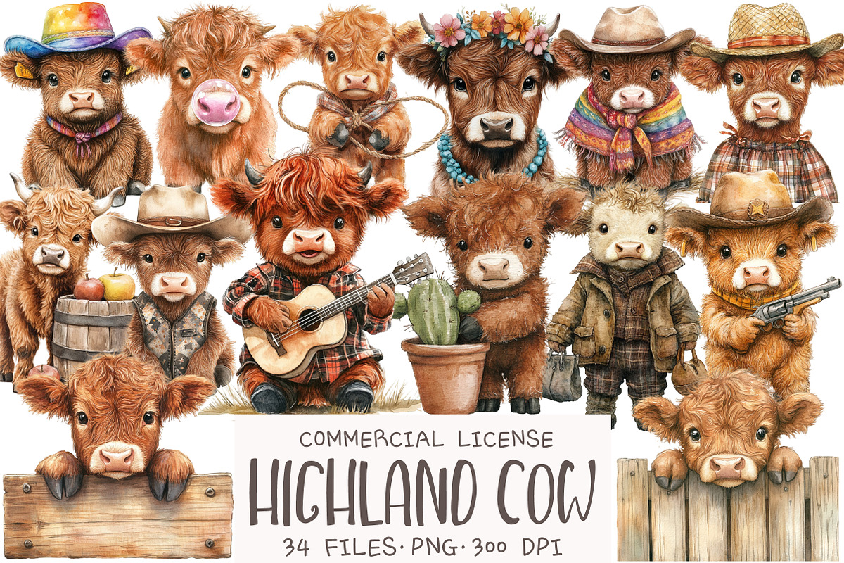 Cute Western Highland Cows Clipart, an Illustration by OK Design (Photo 1 of 5)