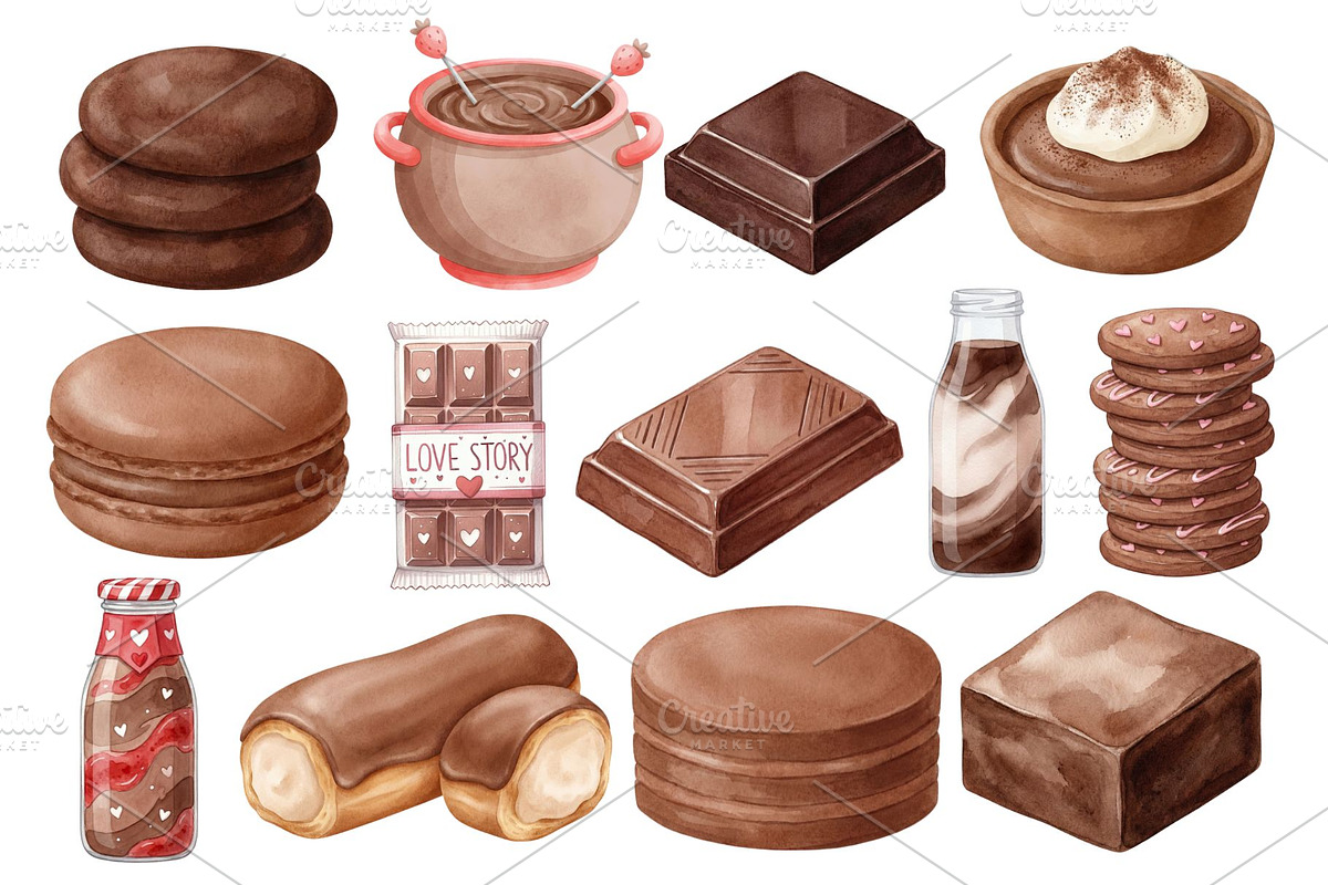 Watercolor Chocolate Dessert Clipart, a Food Illustration by Stellalunarts (Photo 7 of 14)