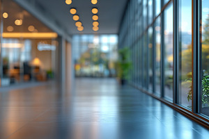Modern business interior with large windows and open space, an Architecture Photo by AlyaAnd
