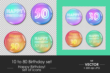 10 to 80 anniversary icons set