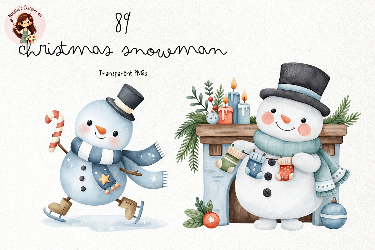 Watercolor Christmas Snowman PNG, a Seasonal Illustration by Nicolle's Colorful Art (Photo 1 of 7)