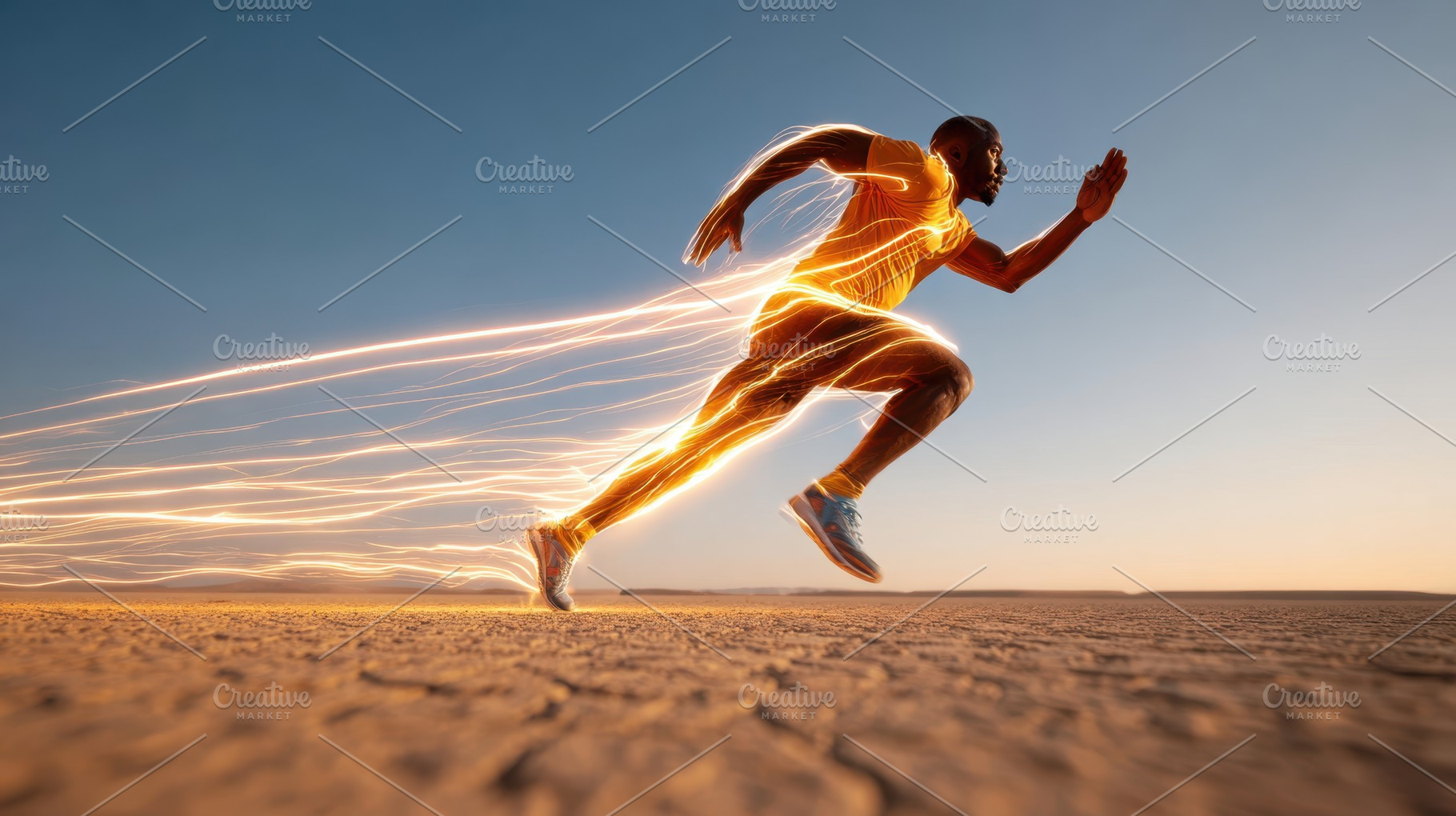 Dynamic male athlete sprinting in the desert, a Sports & Recreation Photo by AlyaAnd