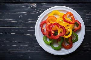 Ripe colorful pepper slices in plate on wooden table, a Food & Drink Photo by AlyaAnd