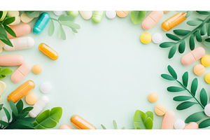 Colorful pills and green leaves on, an Object Illustration by Lermont51