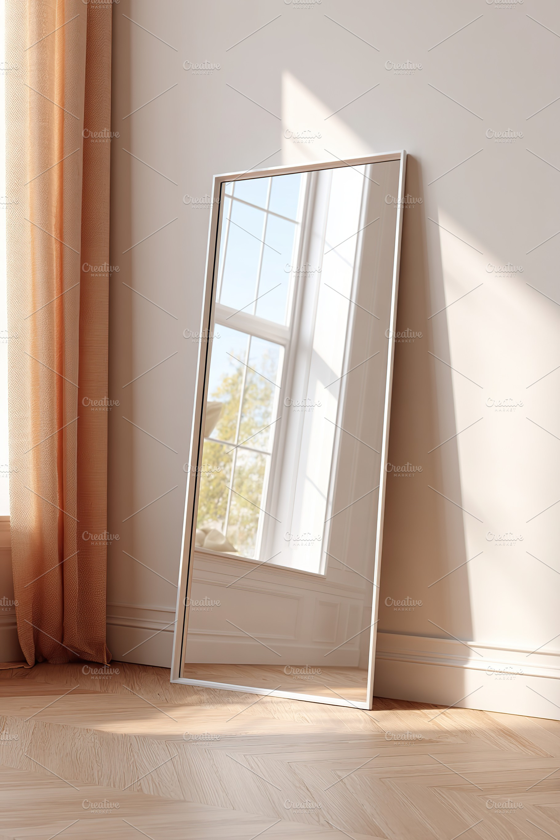 Tall mirror reflecting natural light in a bright, airy room with large windows, a Photo by AlyaAnd