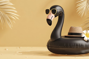 Black Flamingo Pool Float with Golden Tropical Leaves and Luxury, an Animal Photo by José Manuel Gelpi