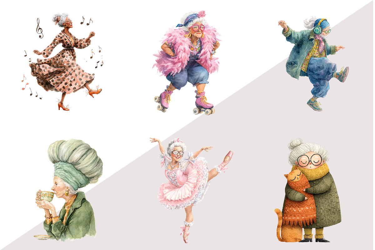 Watercolor Old Lady Quirky Clipart, an Illustration by Design Market (Photo 2 of 3)