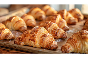 Freshly baked croissants on tray in, a Food & Drink Photo by piter.goskov