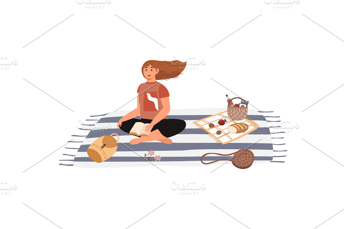 Woman sitting on blanket reading, a Person Illustration by vectorpointstudio