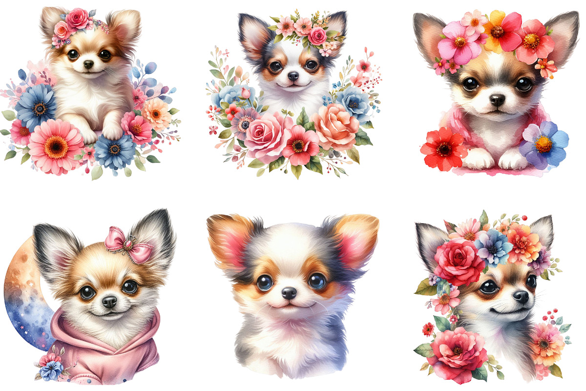 Watercolor Floral Chihuahua Clipart, an Illustration by DreamCafeArt (Photo 5 of 6)