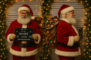 Santa Claus mugshot with toy sack against decorated background, a Holiday Photo by GoodGoods