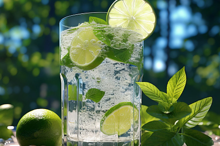 Fresh mojito cocktail with mint, lime and ice with tropical trees and plants on, a Food & Drink Photo by Natalia Klenova's Shop