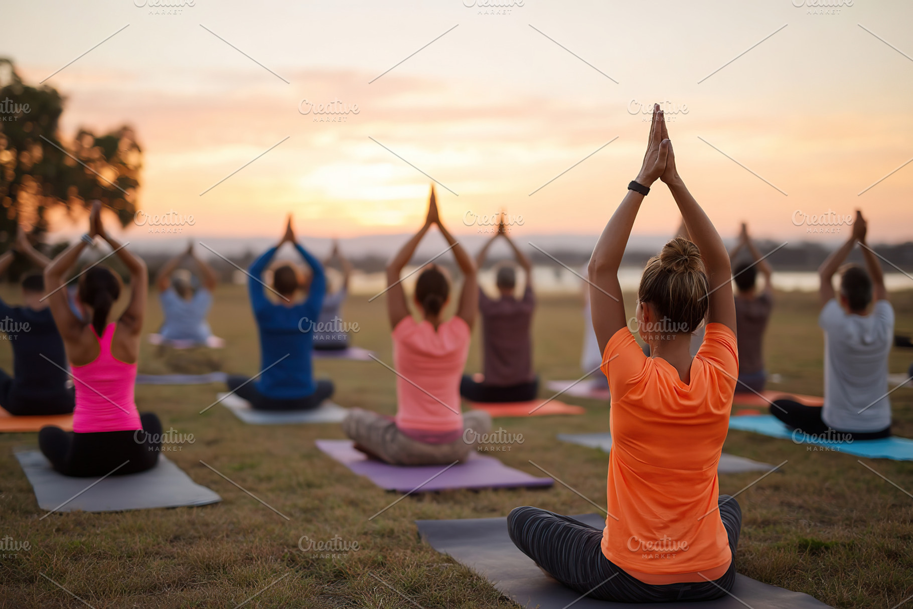 Morning yoga session in a peaceful open field at sunrise with multiple particip, a Sports & Recreation Photo by AlyaAnd