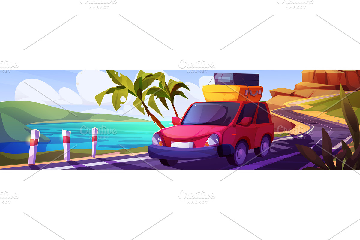 Red car with luggage on coastal road, an Illustration by art PVP - market