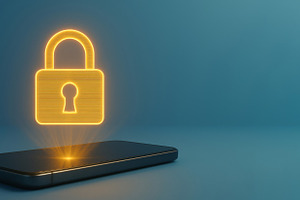 Cybersecurity concept showing glowing lock hologram above smartp, a Photo by Dvoevnore photos