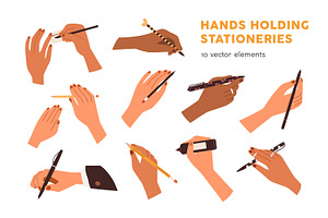 Hands writing with pens, pencils set, a Person Illustration by Good Studio