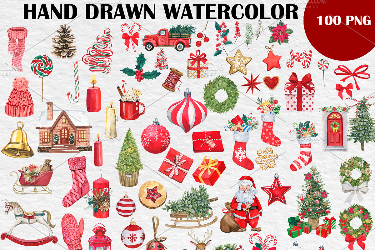 Watercolor CHRISTMAS BUNDLE 100 PNG, a Seasonal Illustration by PatternPalette (Photo 2 of 5)