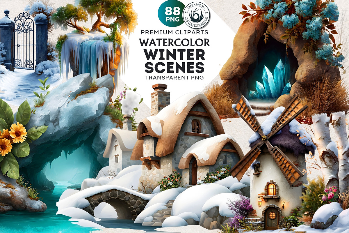 Watercolor Winter Scenes Cliparts, a Seasonal Illustration by ThatsDesignArt (Photo 1 of 17)