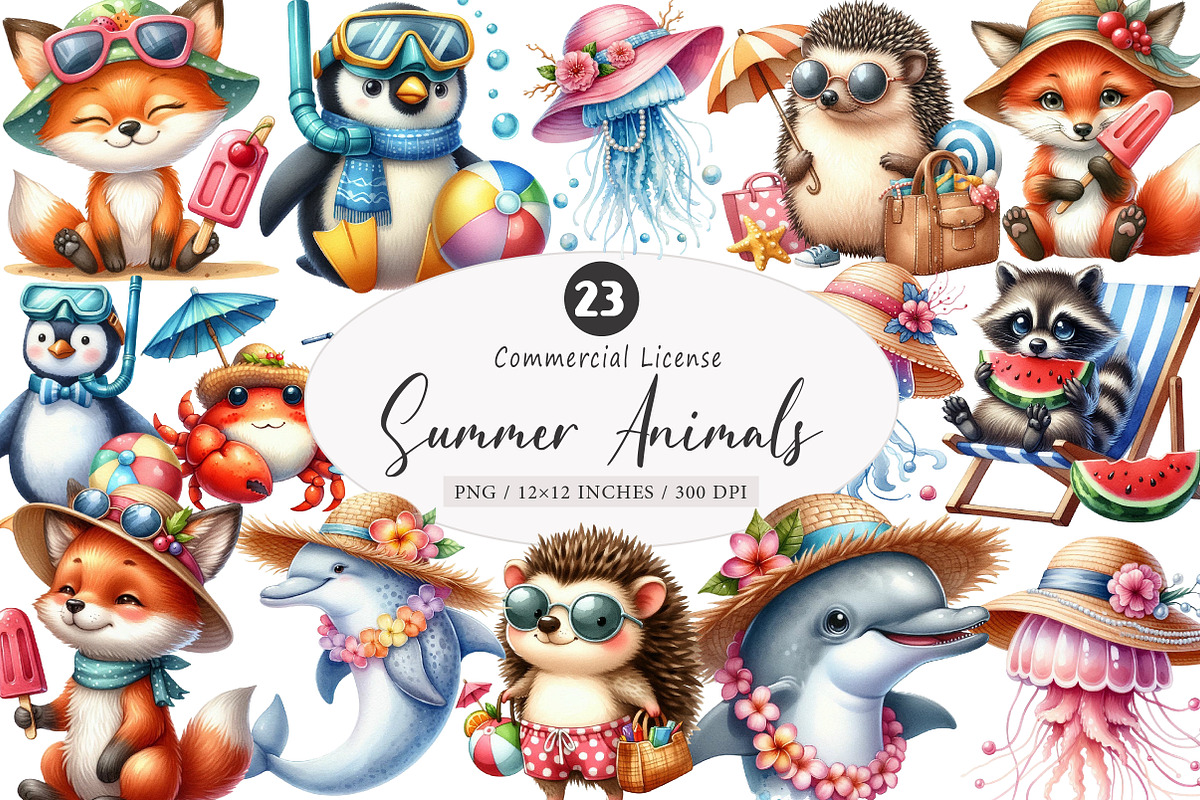 Watercolor Summer Animals PNG, an Illustration by SinaCreation (Photo 1 of 5)
