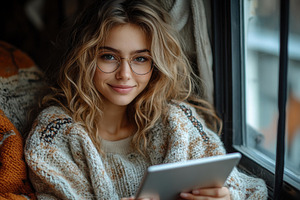Young woman in cozy sweater reading, a Photo by Tanuart