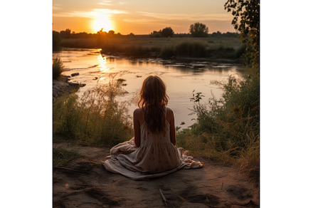 Girl admiring sunset by riverbank