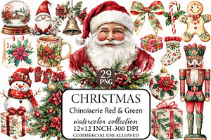 Chinoiserie Red & Green Christmas Cl, an Illustration by Libby Wishes