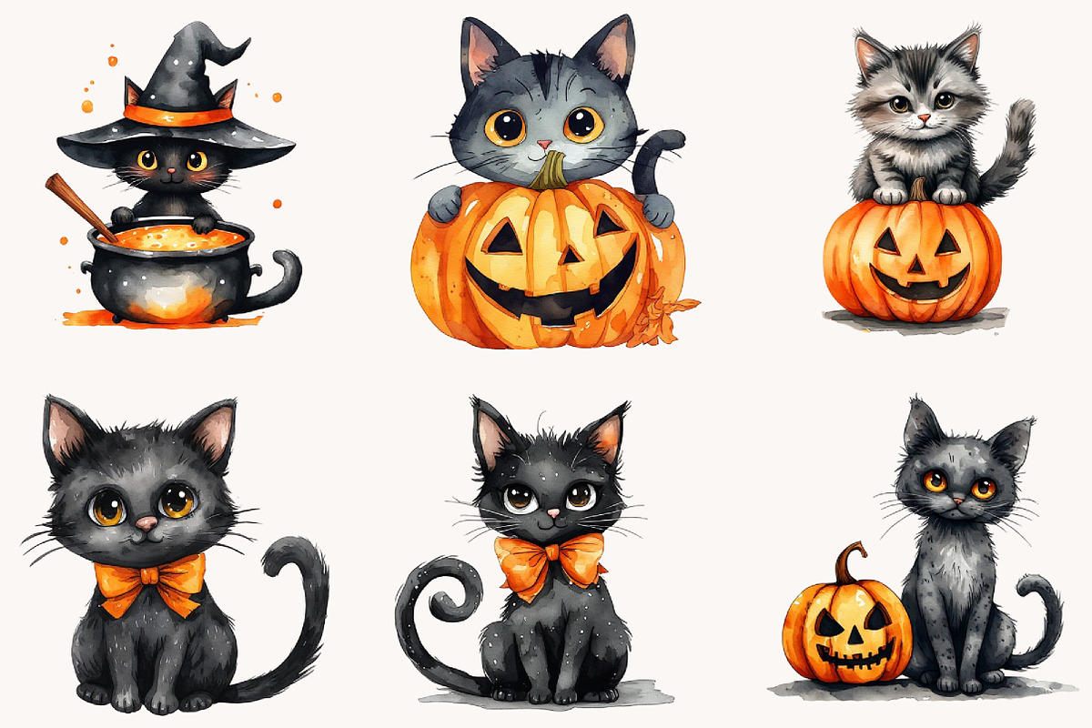 Cute Spooky Halloween Cats Clipart, a Seasonal Illustration by Designworld (Photo 3 of 8)