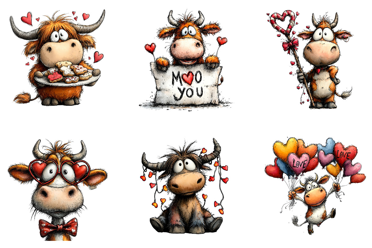 Quirky Valentine Highland Cow Clipar, an Illustration by CreationArt (Photo 3 of 5)
