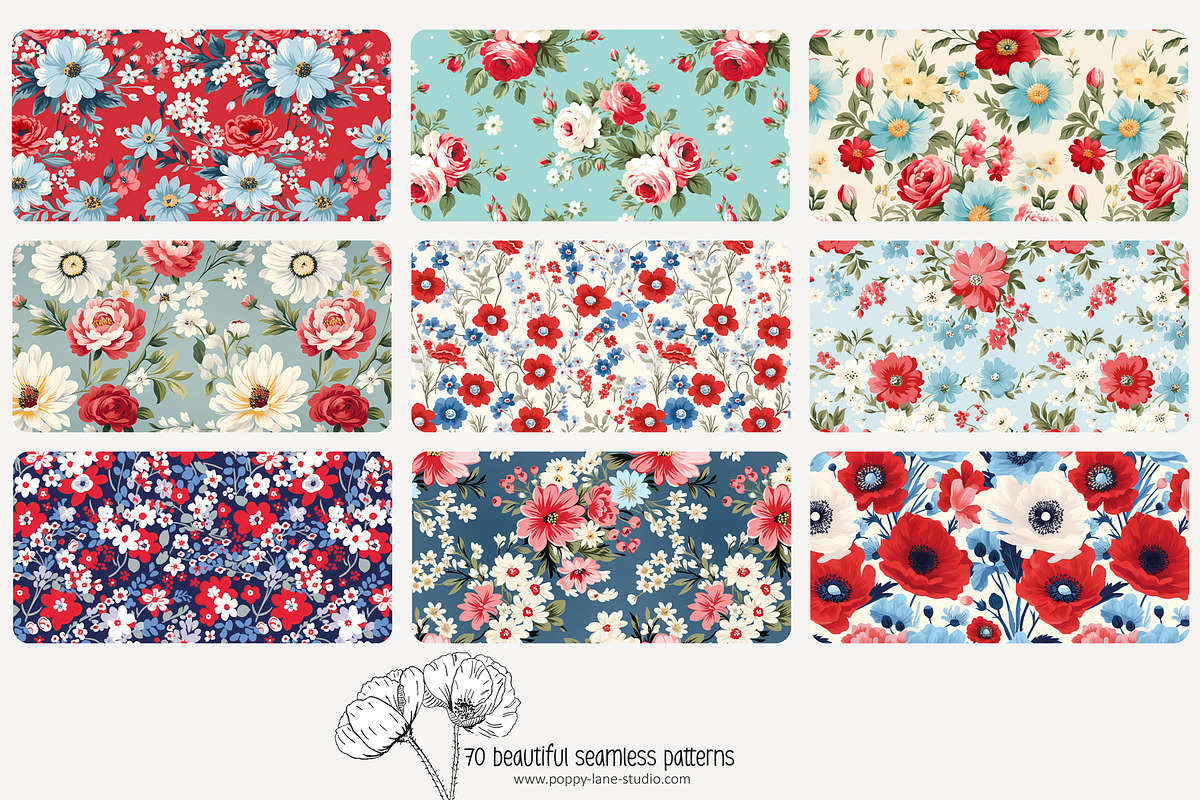 70 red/blue floral seamless pattern, a Pattern Graphic by Poppy Lane Studio (Photo 7 of 10)