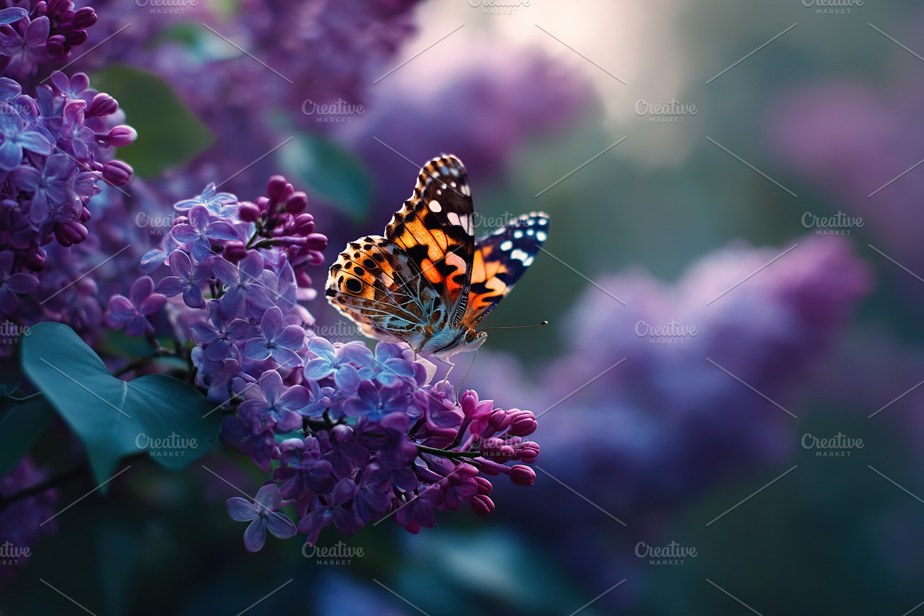 Butterfly gracefully flutters among blooming purple lilacs in the garden, a Nature Photo by AlyaAnd