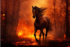 Untamed Fire Horse In Night Forest