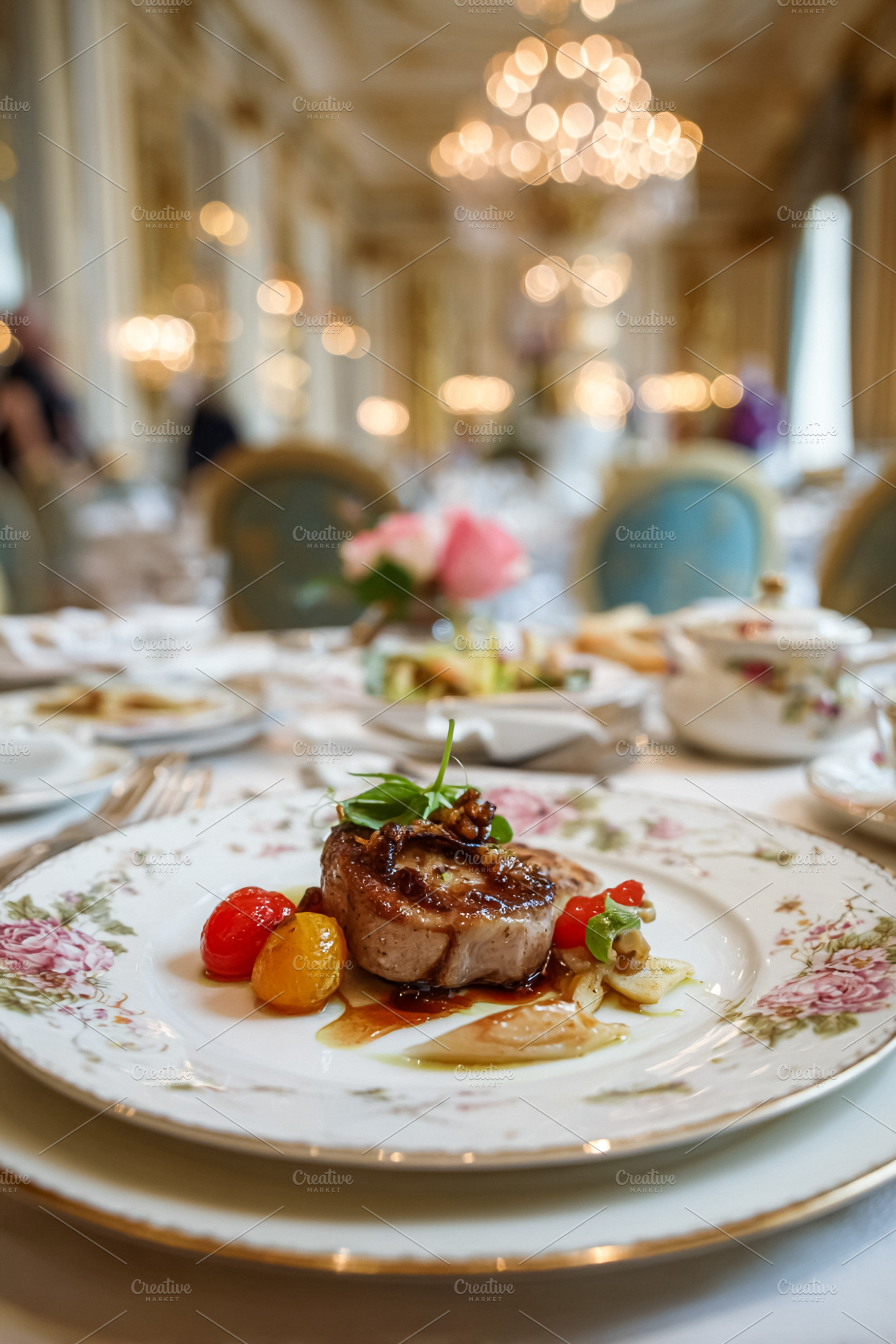 Fine dining experience with gourmet meal serving, meat medallion, a Food & Drink Photo by Anneleven
