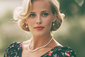 Blonde woman wearing a floral dress and pearl necklace, capturin, a Person Photo by Studio ANNA