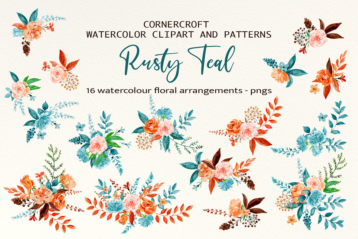 Rusty Teal Floral Clipart & Patterns, an Illustration by Corner Croft (Photo 4 of 13)