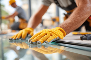 Construction worker installing glass with precision, an Industrial Photo by AlyaAnd