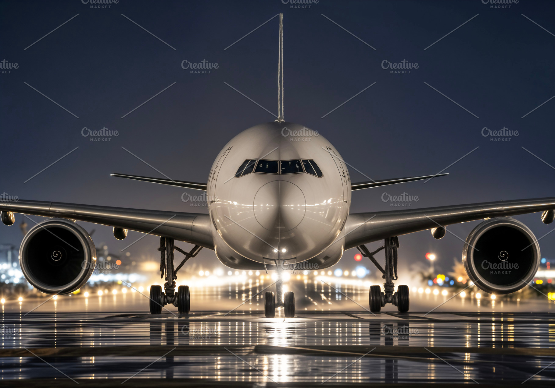 airliner on a wet runway at night, a Photo by rarrarorro