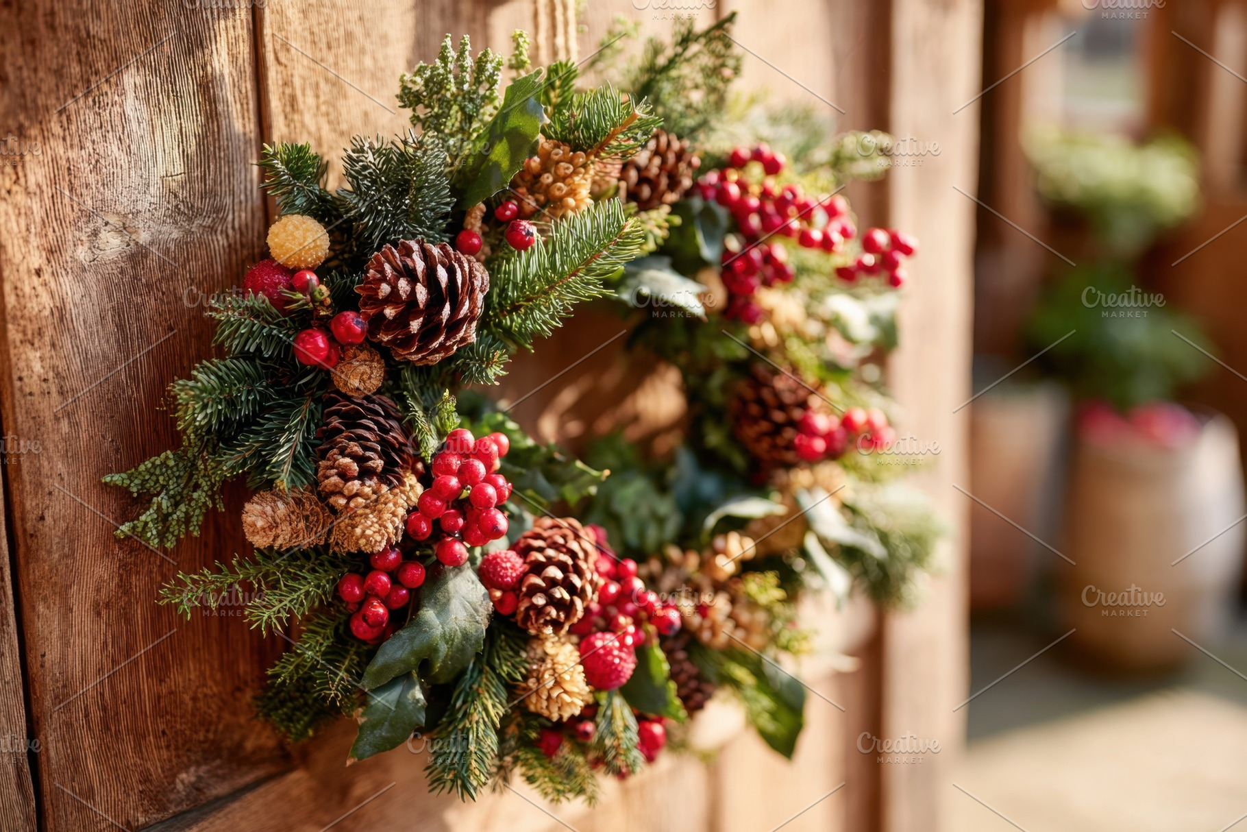 Christmas wreath hanging on wooden door, a Holiday Photo by AlyaAnd