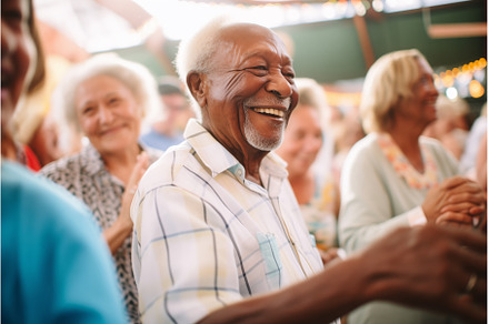 senior enjoying music, surrounded by, a Technology Photo by Sergey Kotenev
