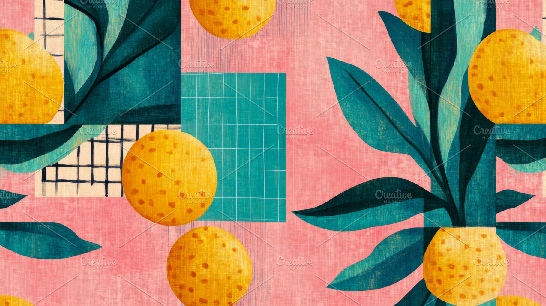 Abstract Botanical Art with Lemons on Pink Geometric Background, an Abstract Photo by Natalia Klenova's Shop