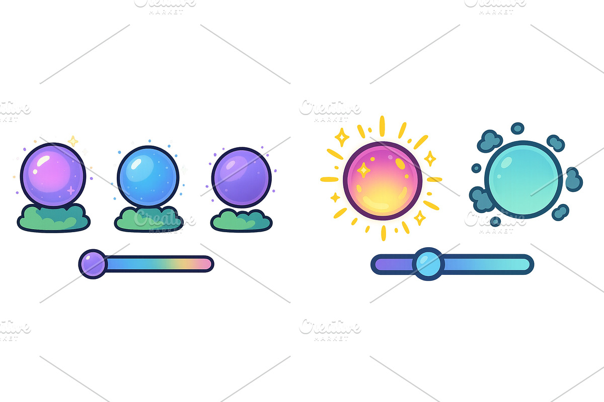 Colorful magical orbs displayed in a, an Illustration by ZinetroN