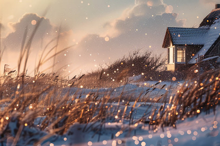 Winter landscape at sunset and house, a Nature Photo by Virgo Studio